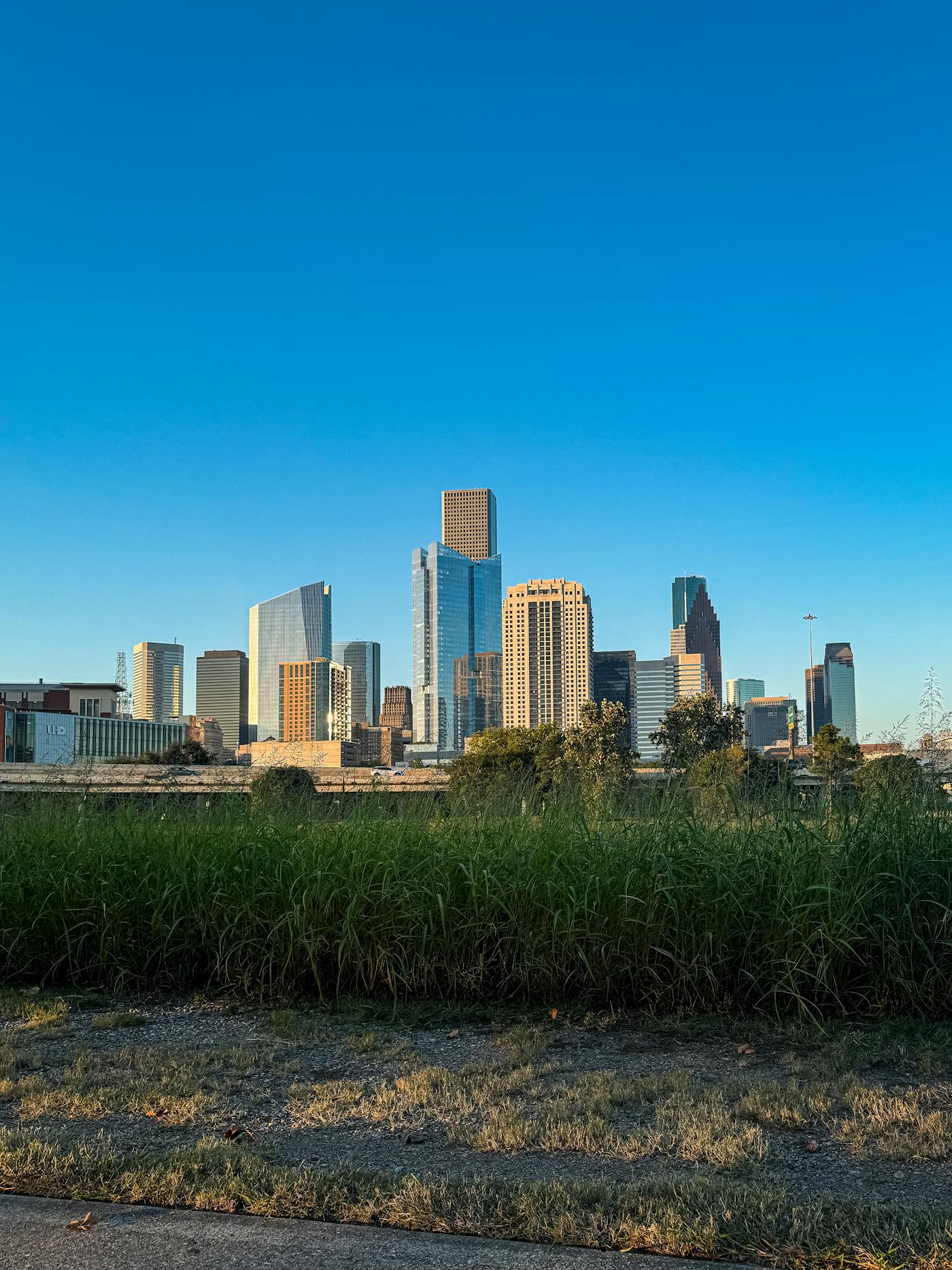 Downtown Houston skyline against a clear blue sky